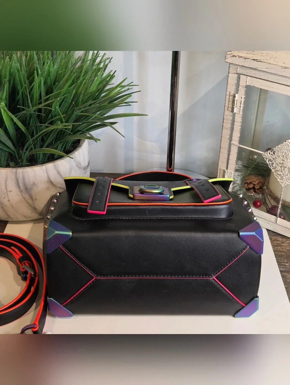 Michael Kors Manhattan Medium Black Leather Satchel Neon Oil Slick